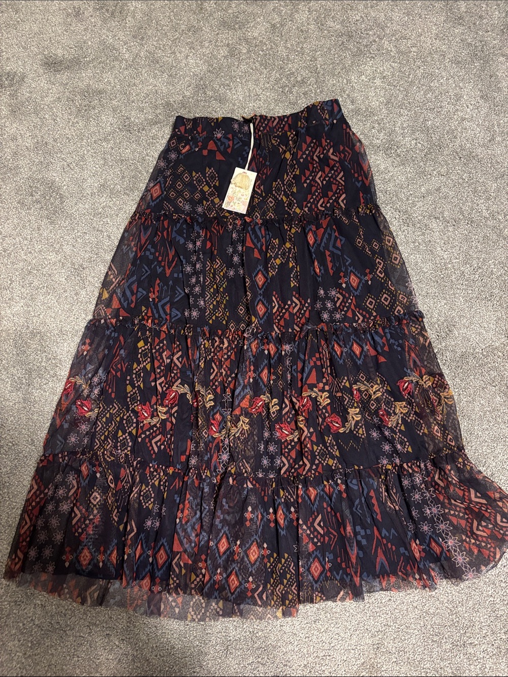 Johnny Was Navy Tiered Maxi Skirt with Red & blue Accents